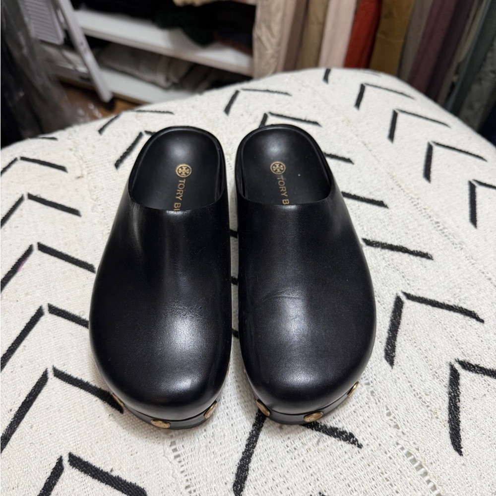 Tory Burch Black Leather riveted Slip-On Clogs with box